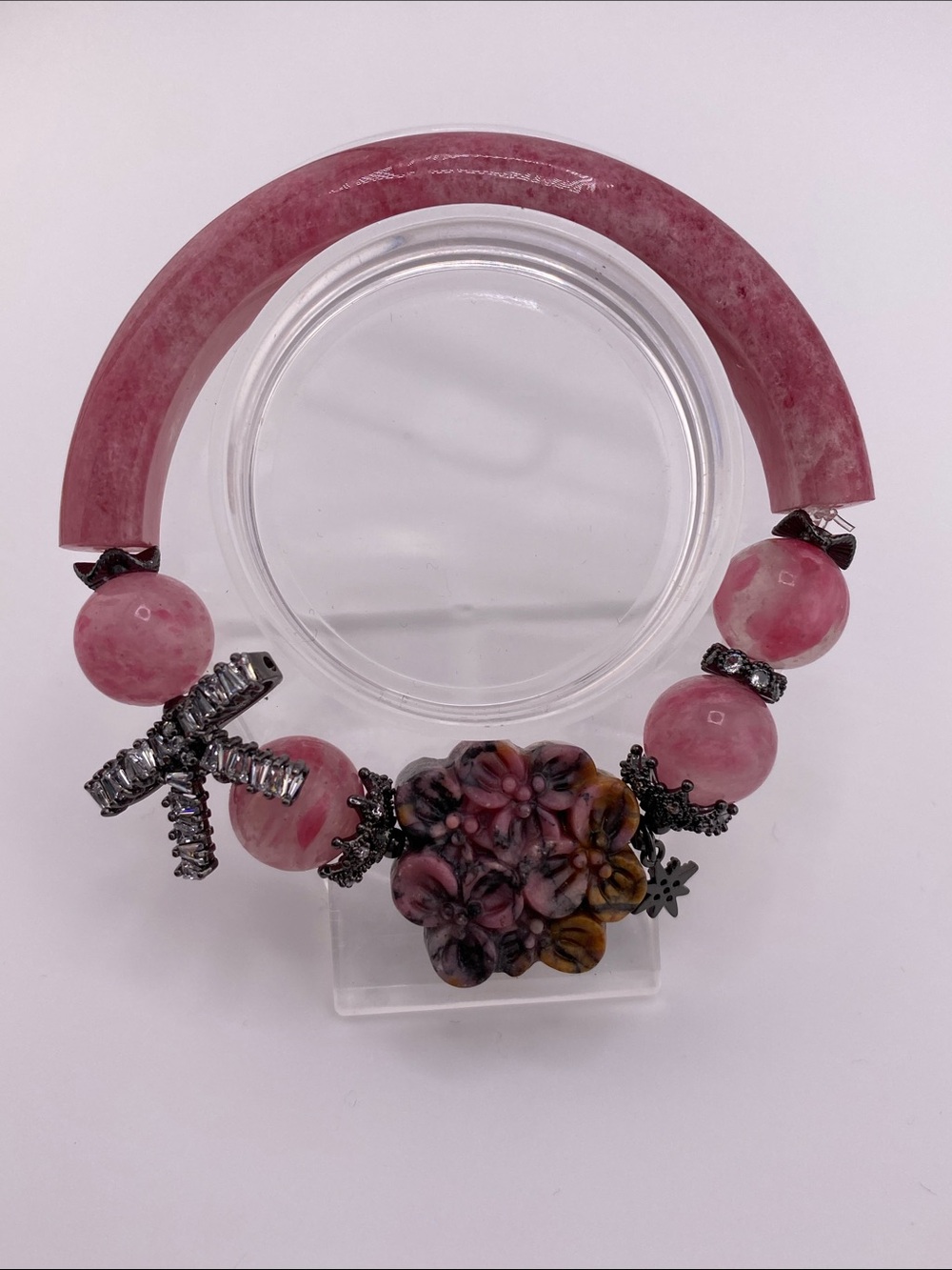Carved Rhodonite Flower Half Bangle Bracelet